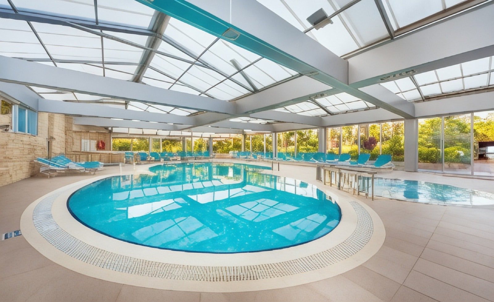 The indoor pool under its glazed roof