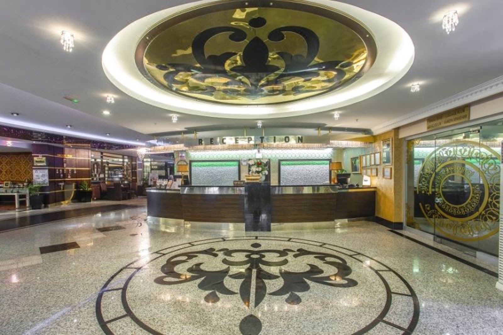 The reception desk in the hotel lobby