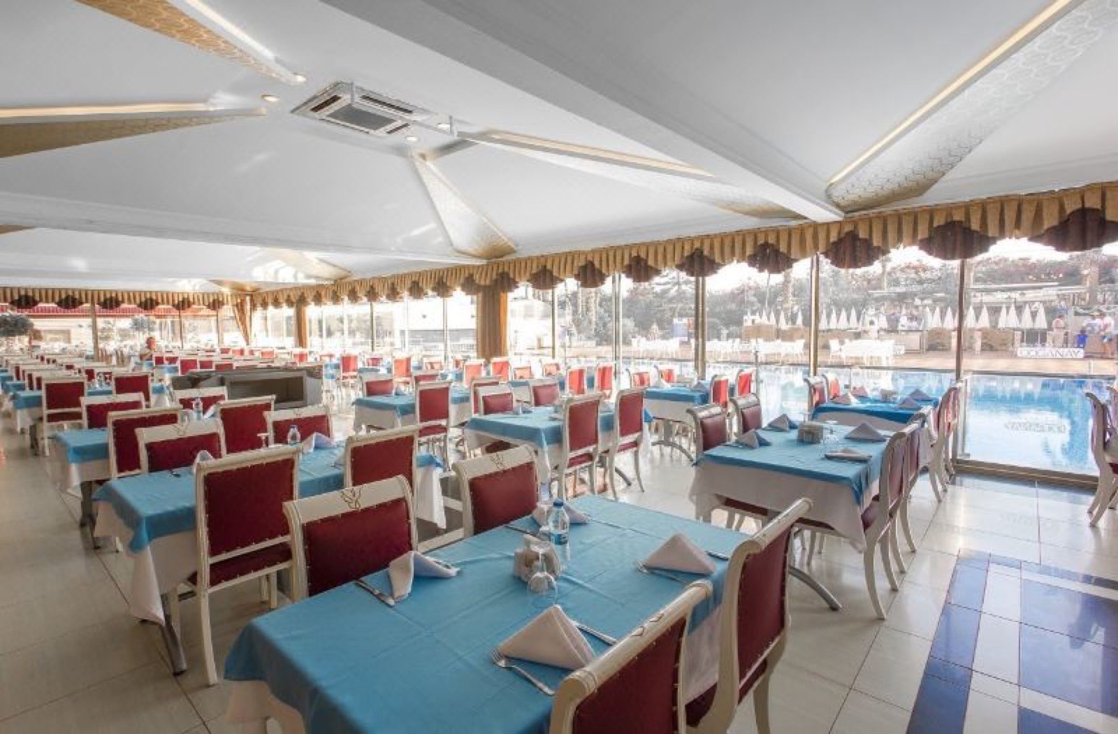 The terrace restaurant looking out over the pool